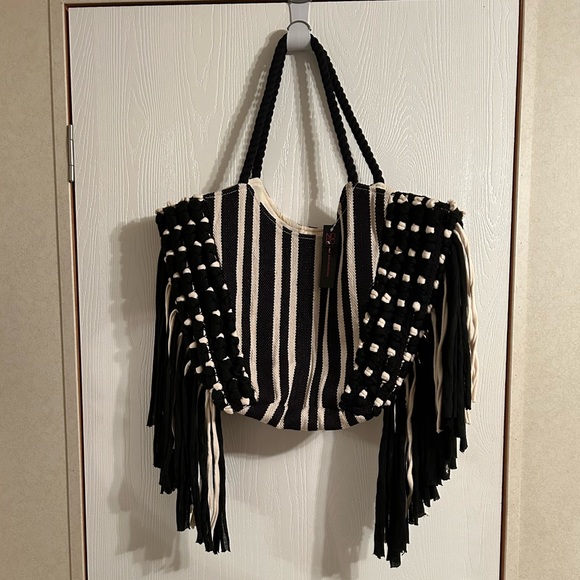 No Boundaries Black and White Striped Tote with Fringe - Picture 3 of 9
